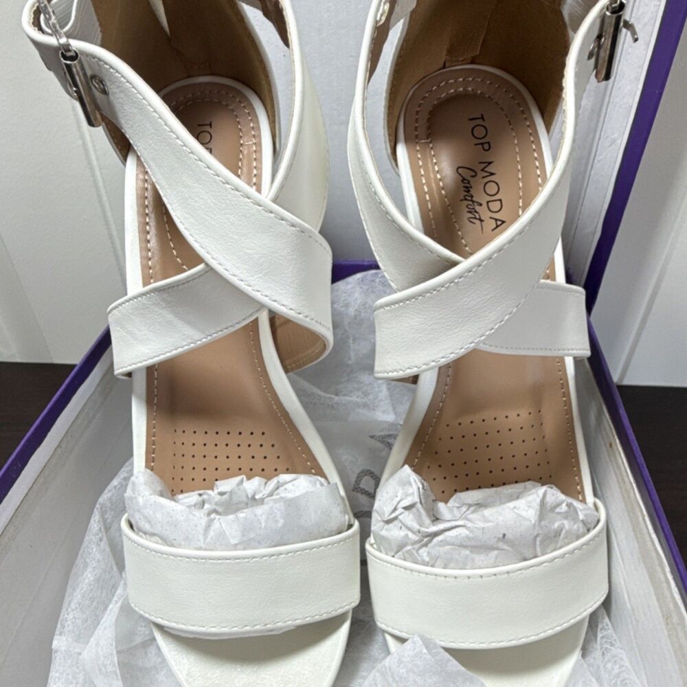 TOP MODA Comfort Strappy Wedge White Sandals Women’s Size 8.5 - Picture 6 of 9